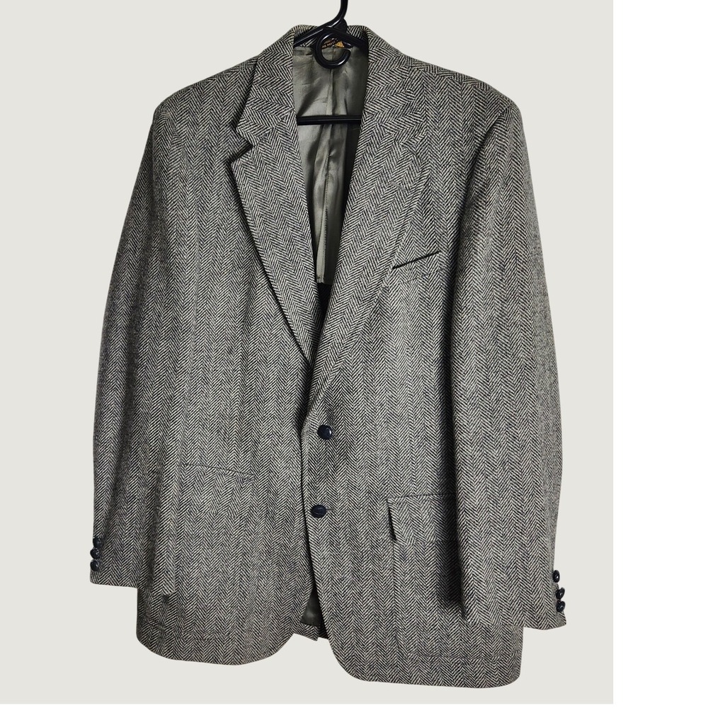 Vintage Hunter Haig Gray Herringbone Wool Gray Black Sport Coat Men 44R USA Made